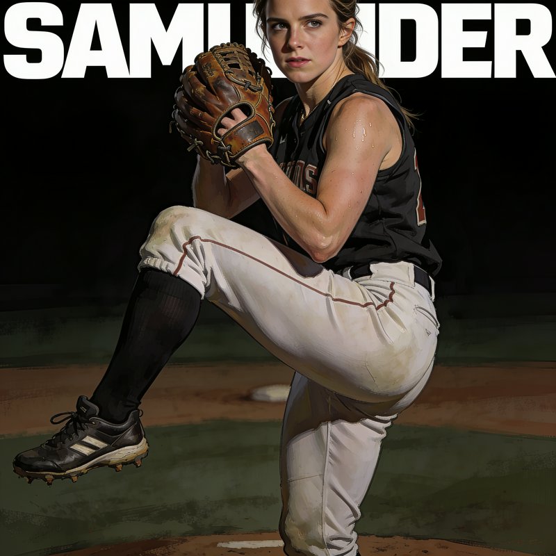 Focused female softball pitcher mid-pitch windup holding a leather glove on the pitcher's mound