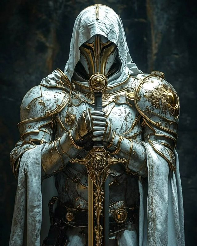 Hooded paladin in weathered white and gold armor holds an ornate greatsword in a vigil pose