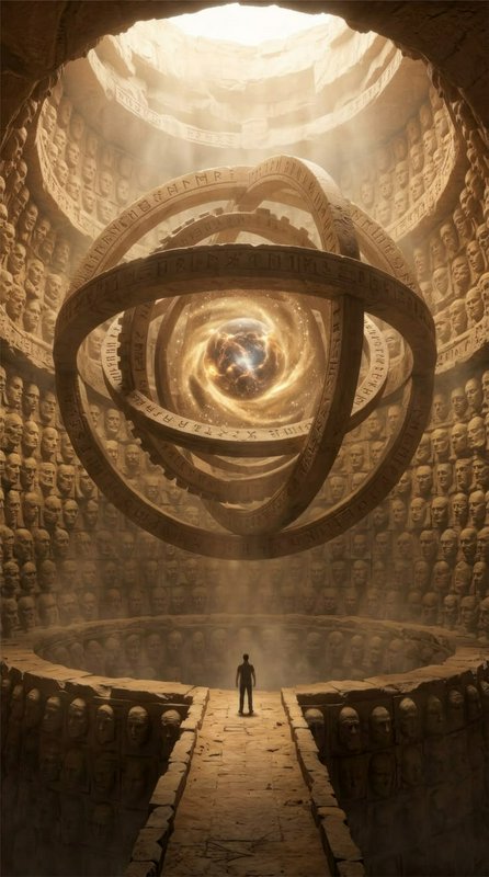 Lone silhouetted person stands before a glowing rune-covered orrery inside a massive carved ancie...