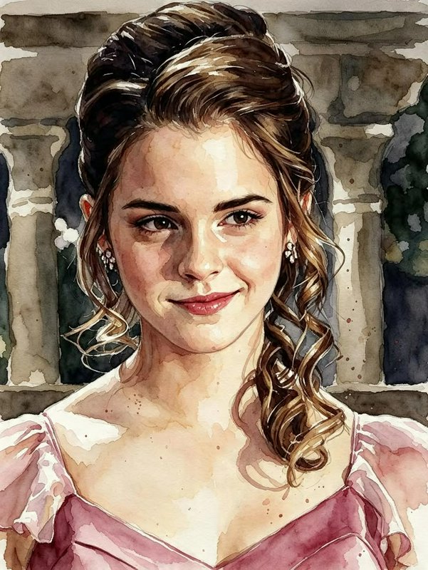 Watercolor portrait of Hermione Granger in a pink formal gown with curled updo and soft smile
