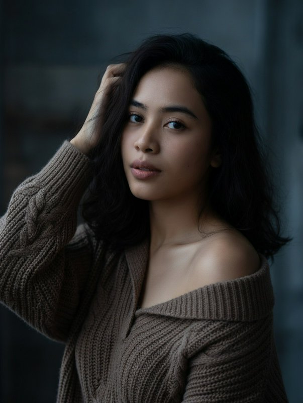 Portrait of a woman in a taupe knitted sweater with moody lighting and an off-shoulder pose