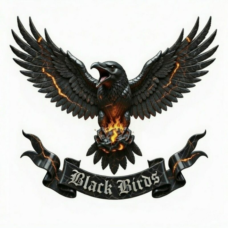 Black eagle with fiery accents, wings spread, flames around talons and a banner reading Black Birds