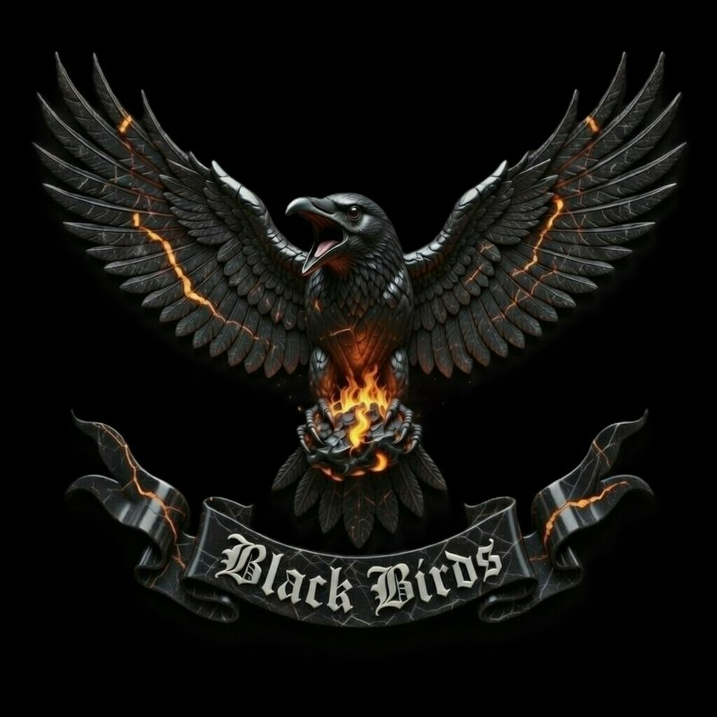 Dark, metallic eagle with fiery lava-crack accents and a "Black Birds" banner.