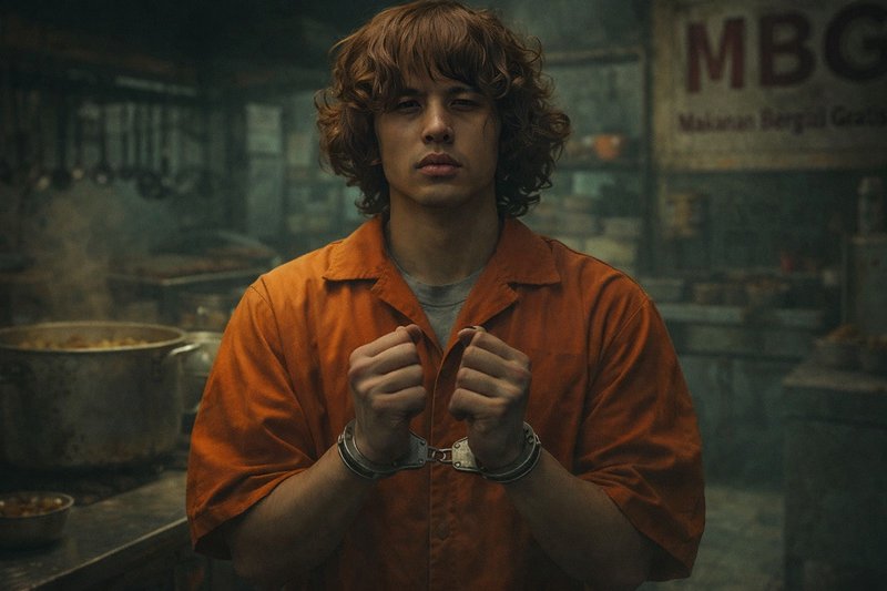 Young man in an orange prison jumpsuit with handcuffs in a dim, industrial kitchen setting.