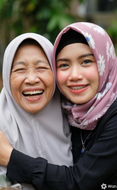 Two Muslim women wearing hijabs, one elderly and one younger, smiling warmly outdoors.