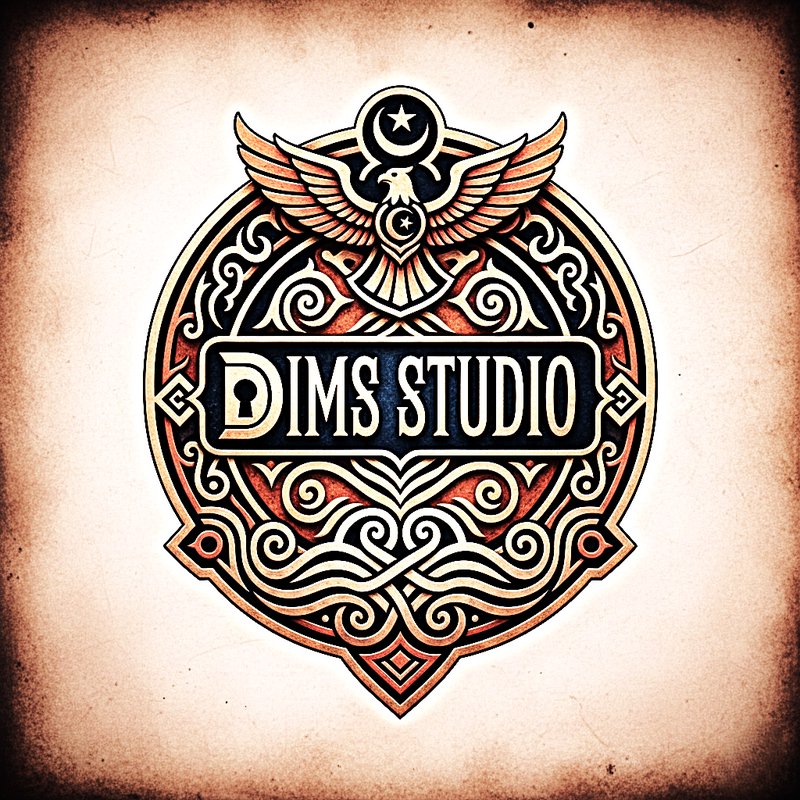 Ornate circular emblem logo with wings and "DIMS STUDIO" text in the center.