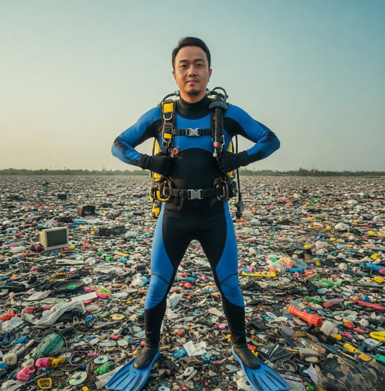 Diver in blue wetsuit and scuba gear standing on a littered beach among plastic waste.