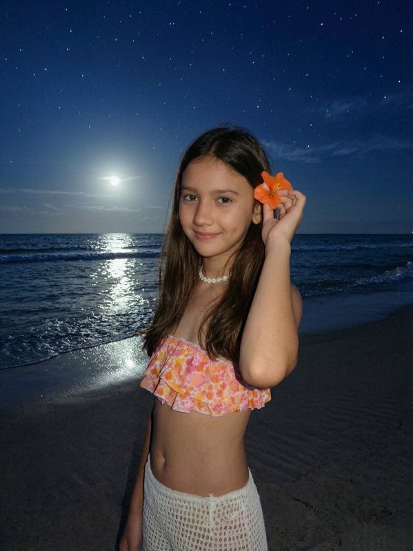 Girl on a moonlit beach holding an orange flower, wearing a pink floral top and white crochet skirt.