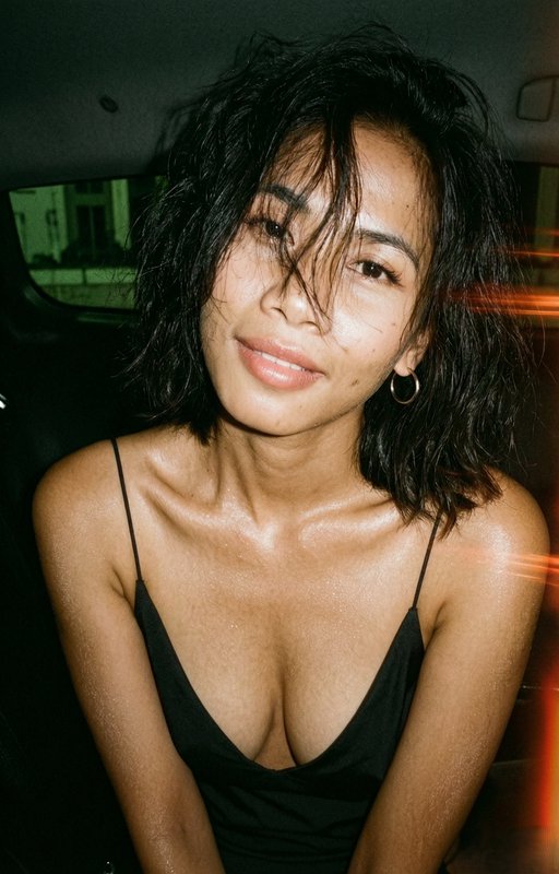 Woman in a black spaghetti-strap top with wet hair inside a car, soft smile.