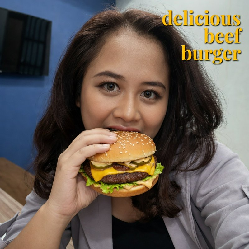 Woman biting into a sesame-seed beef burger in a casual indoor setting.