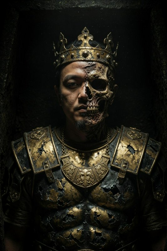 Regal man in gold armor and crown with half-skull face in a dark, dramatic portrait