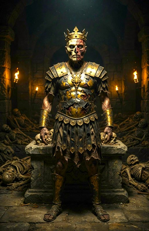 Undead king in battered armor and crown standing in a torchlit dungeon.