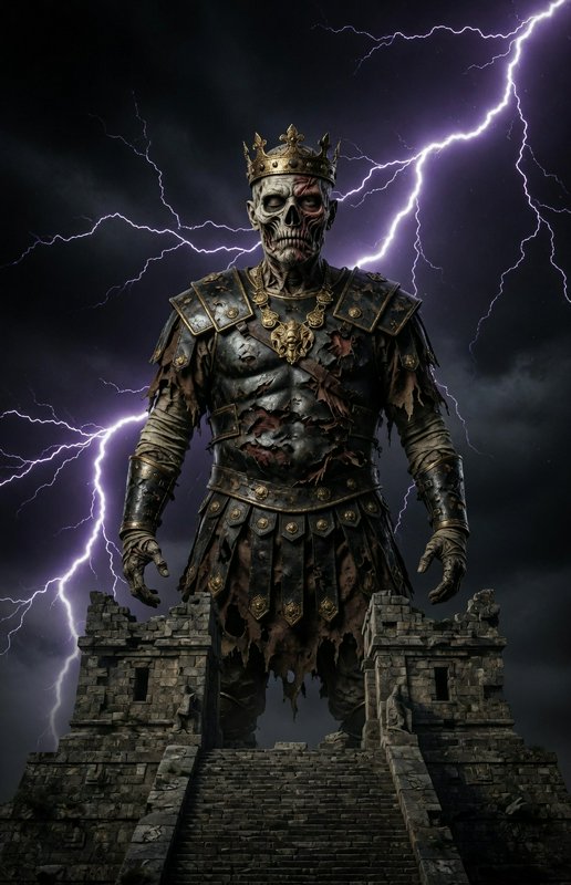 Skeleton king in ancient armor with a crown, standing atop ruined stone stairs as purple lightnin...