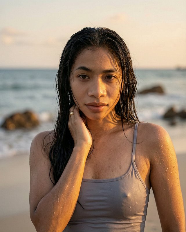 Woman at the beach with wet hair wearing a gray tank top, sea and rocks in the background