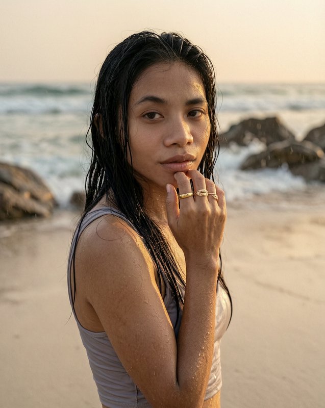 Portrait of a woman on a sandy beach at sunset with wet hair and rings.