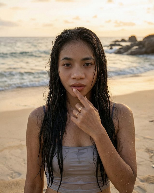 Young woman on a beach at sunset, touching her lips with a finger.