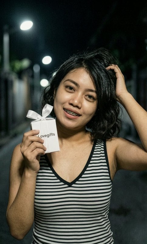 Young woman with braces at night holding a small white gift box with a ribbon
