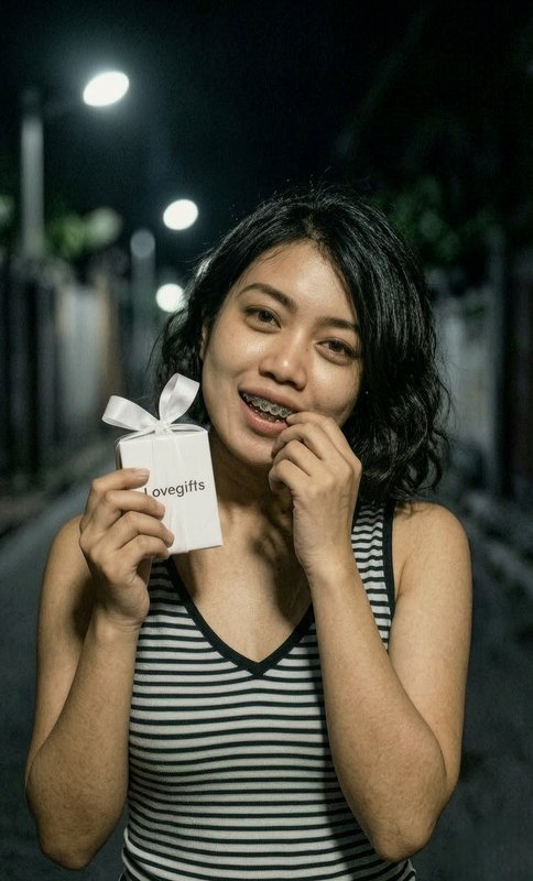 A young woman at night holding a small white gift box with a bow and smiling with braces