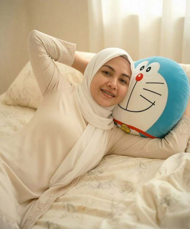 Smiling woman in a white hijab lounging on a bed with a blue Doraemon pillow