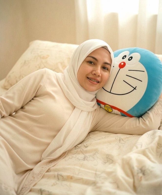 Woman wearing a white hijab relaxing on a bed with a blue Doraemon pillow.