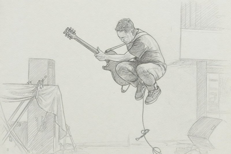 A pencil sketch of a guitarist mid-jump with an electric guitar on a stage setup.