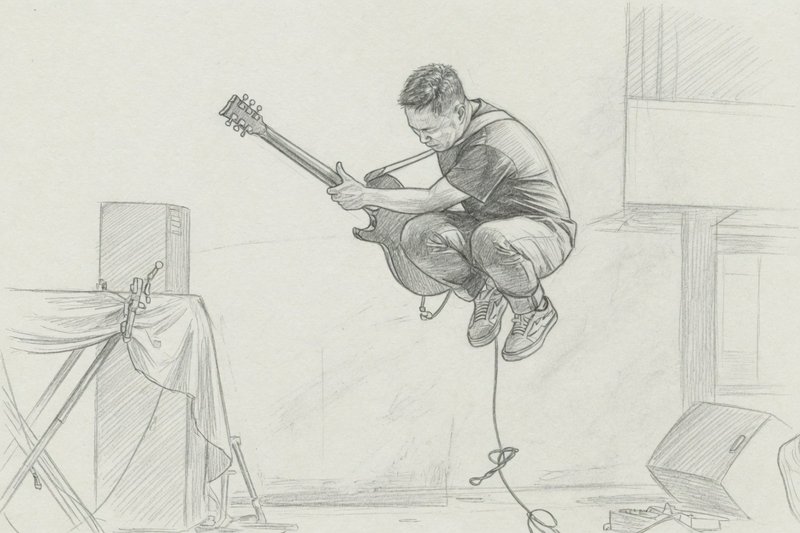 Sketch of a guitarist mid-air jump on stage with an electric guitar.