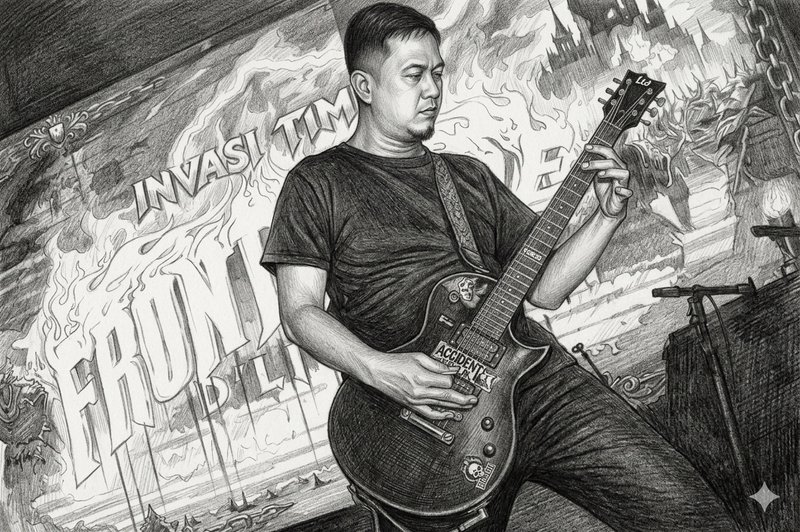 Guitarist playing an electric guitar on a stage with a fiery, chaotic backdrop in a detailed penc...