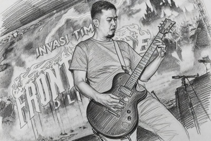 Pencil sketch of a guitarist playing an electric guitar on a stage with a fiery banner backdrop.