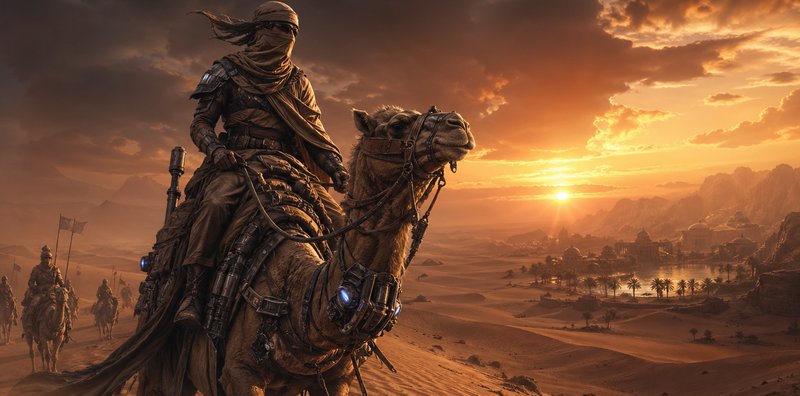 Desert rider in armor on a camel at sunset over sandy dunes.