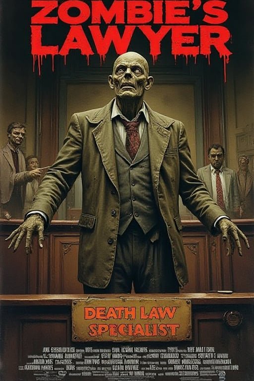 Zombie lawyer in a courtroom, undead figure in a suit behind the bench with a red, dripping title...