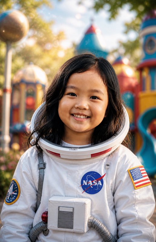 Happy young girl in a NASA-style space suit at a colorful playground
