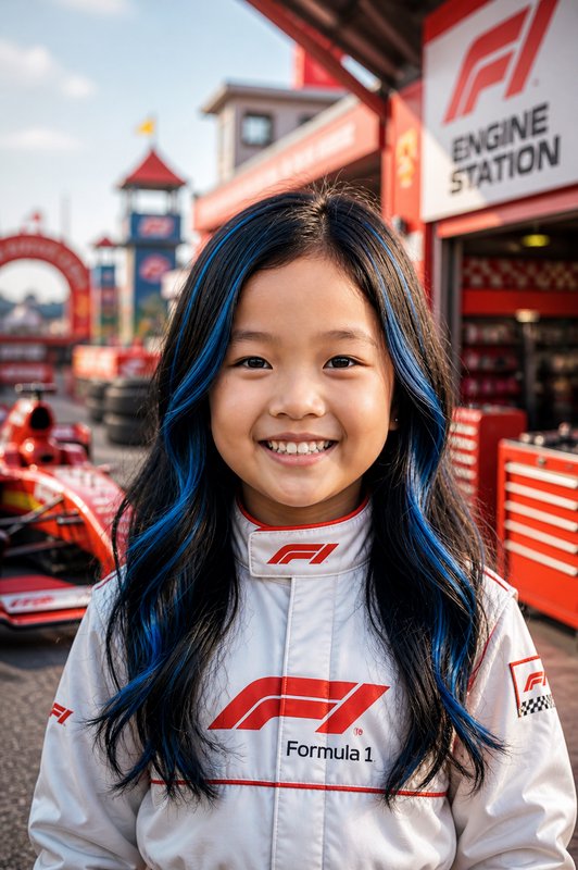 Smiling girl in a white Formula 1 racing suit at a race pit area.