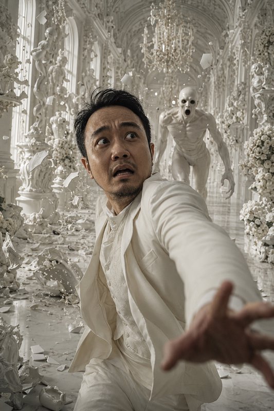 Terrified man in white reaches out, fleeing a pale screaming humanoid monster in an ornate all-wh...