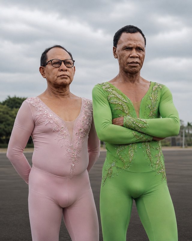Two senior men wearing intricately beaded performance leotards stand outdoors under an overcast c...