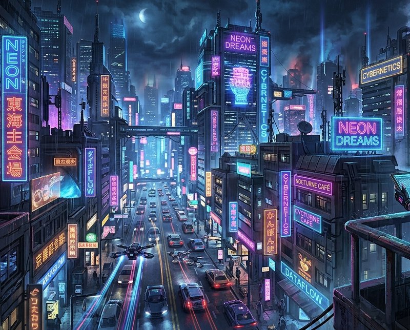 Futuristic cyberpunk city street at night with neon signs and glowing skyscrapers.