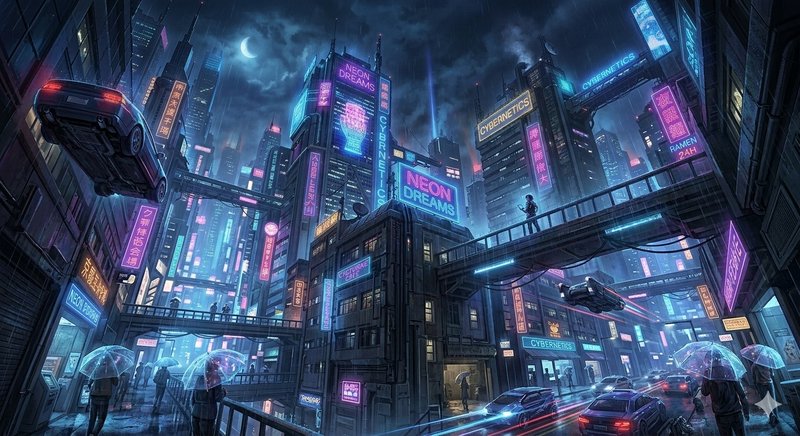 Nighttime cyberpunk cityscape with neon signs, elevated walkways, and flying cars.