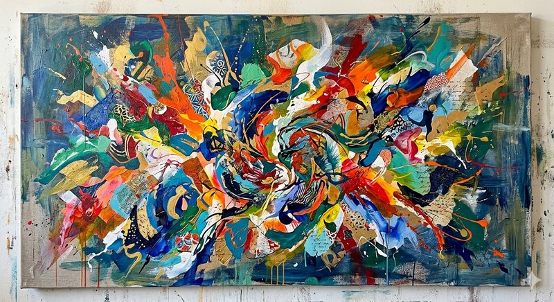 Abstract colorful paint explosion on canvas with swirling shapes and bold strokes.