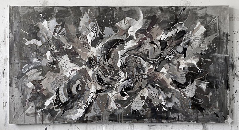 Abstract grayscale painting with swirling shapes and layered textures on canvas