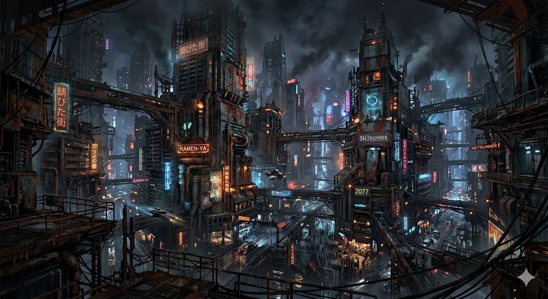 Neon-lit cyberpunk cityscape with elevated walkways, towering dark skyscrapers, and glowing signs.