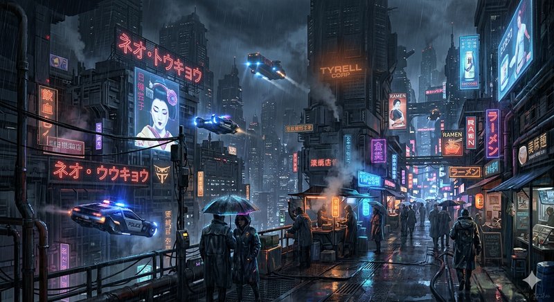 Neon-lit cyberpunk city street at night with flying cars, rain, and neon signs.