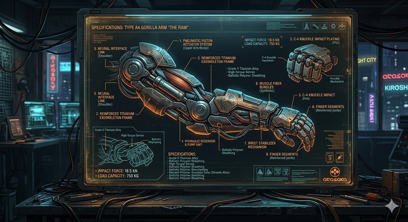 "A workshop monitor displays an annotated technical blueprint of a cyberpunk robotic prosthetic a...