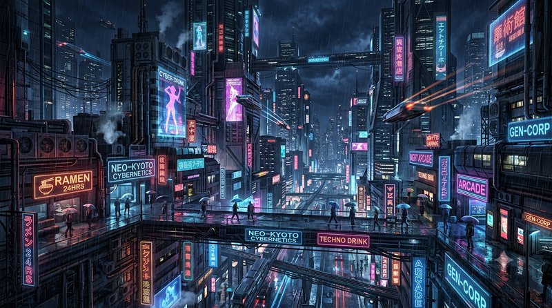 Rainy night cyberpunk Neo-Kyoto cityscape with glowing neon signs, elevated walkways, hover cars,...