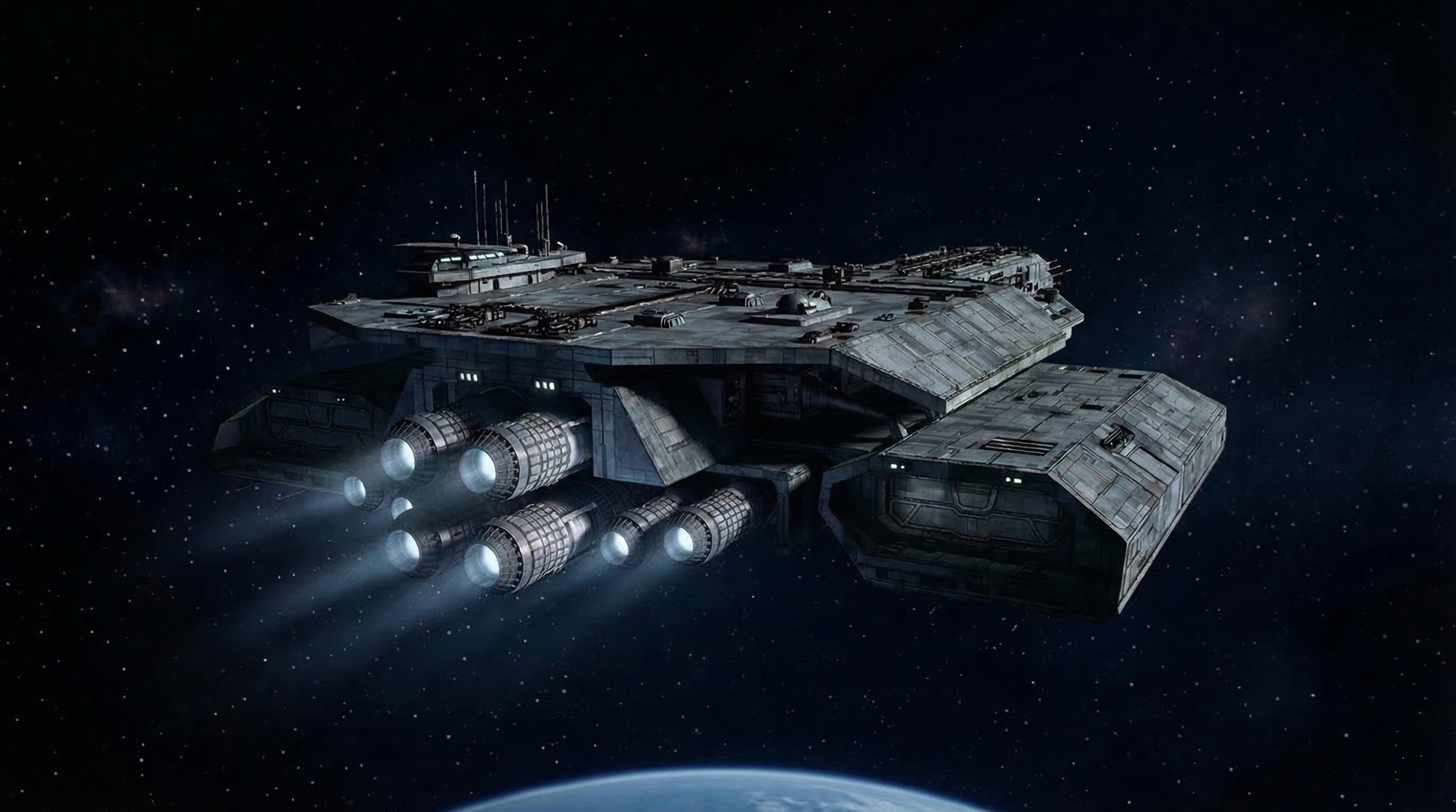 Large futuristic battleship in space with glowing thrusters above a planet