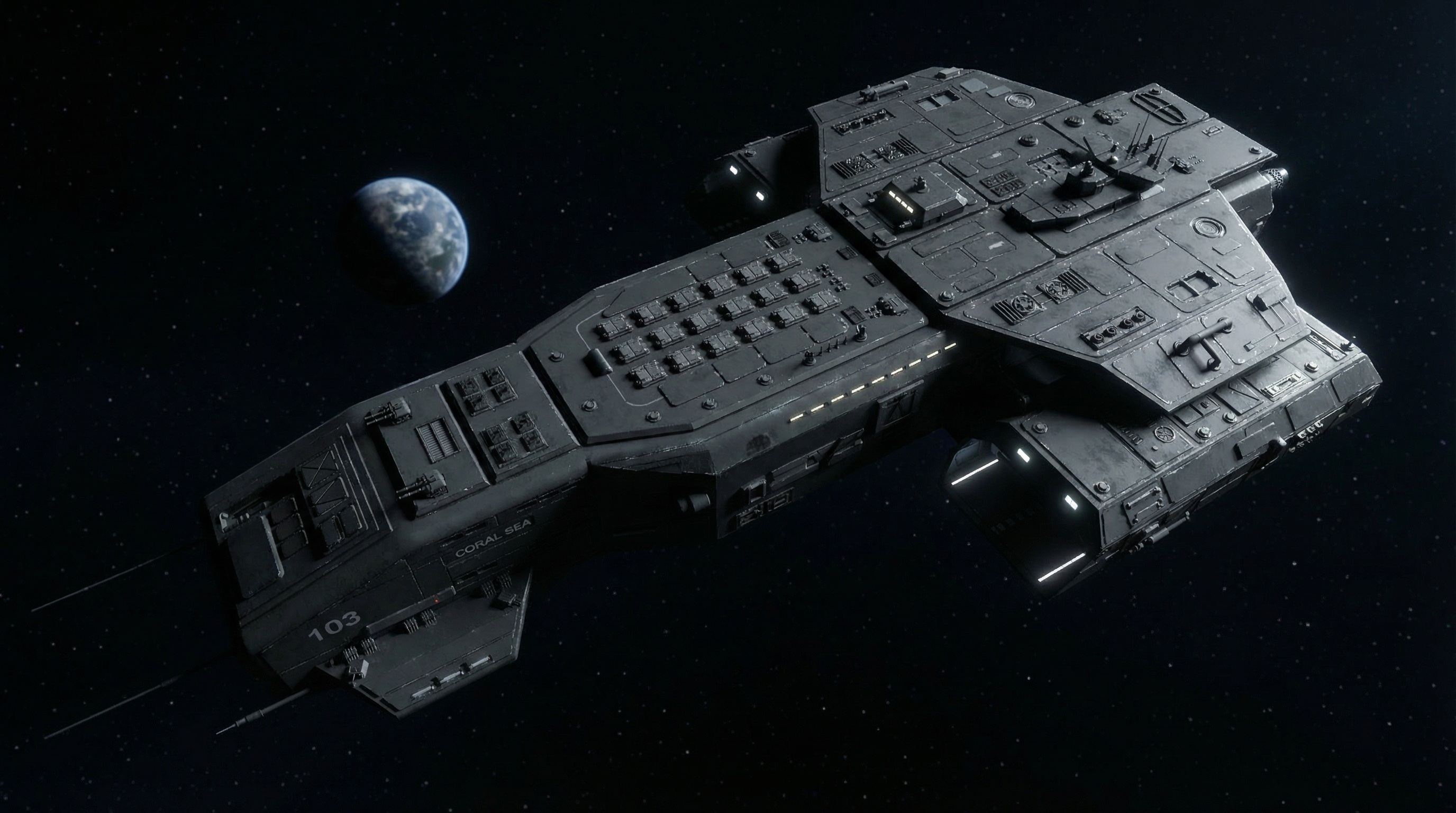 Large futuristic gray spaceship in space with a distant blue planet in the background