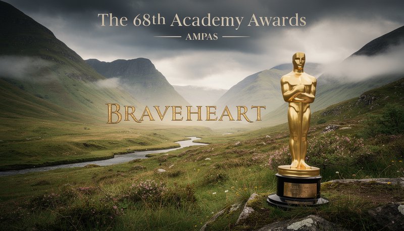 Golden Oscar statue in a misty green valley with mountains and a river.