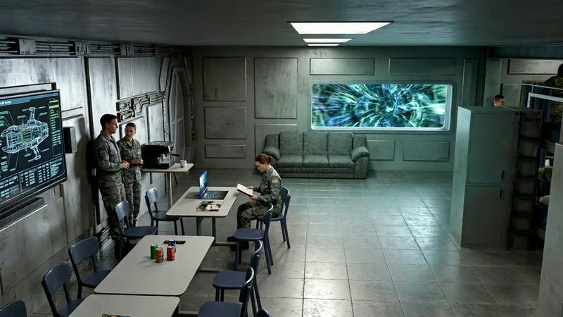 Futuristic spaceship break room with soldiers, a whiteboard, and a glowing blue energy window.