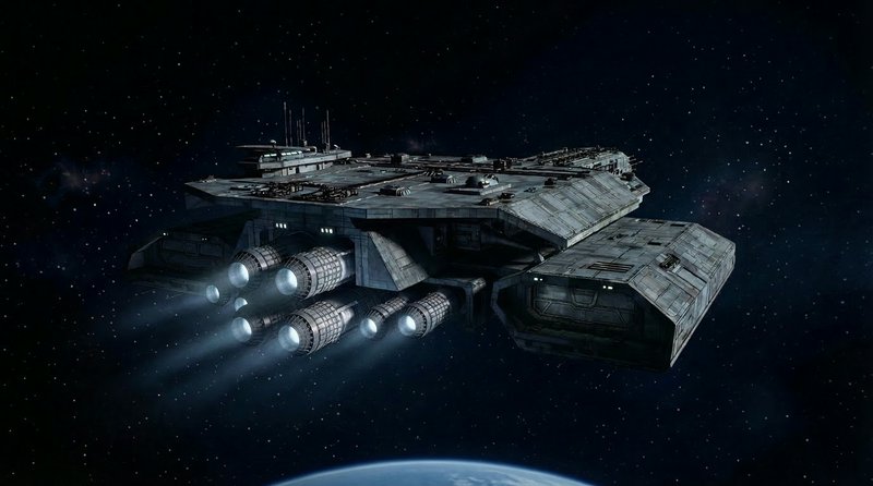 Large futuristic battleship in space with glowing thrusters above a planet