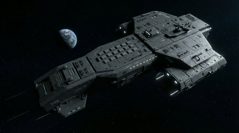 Large futuristic gray spaceship in space with a distant blue planet in the background