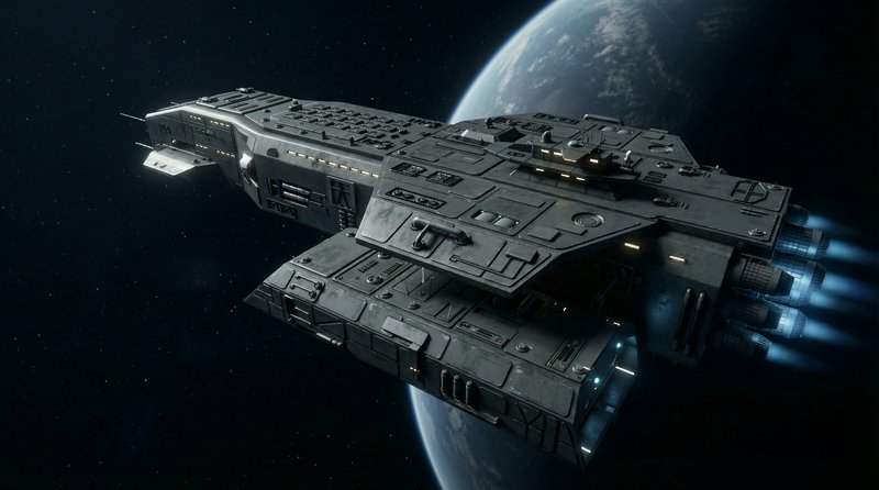 Large futuristic spaceship cruising through space with Earth visible in the background