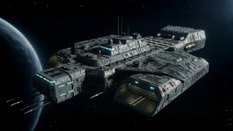 Massive futuristic spaceship in orbit above a blue planet.